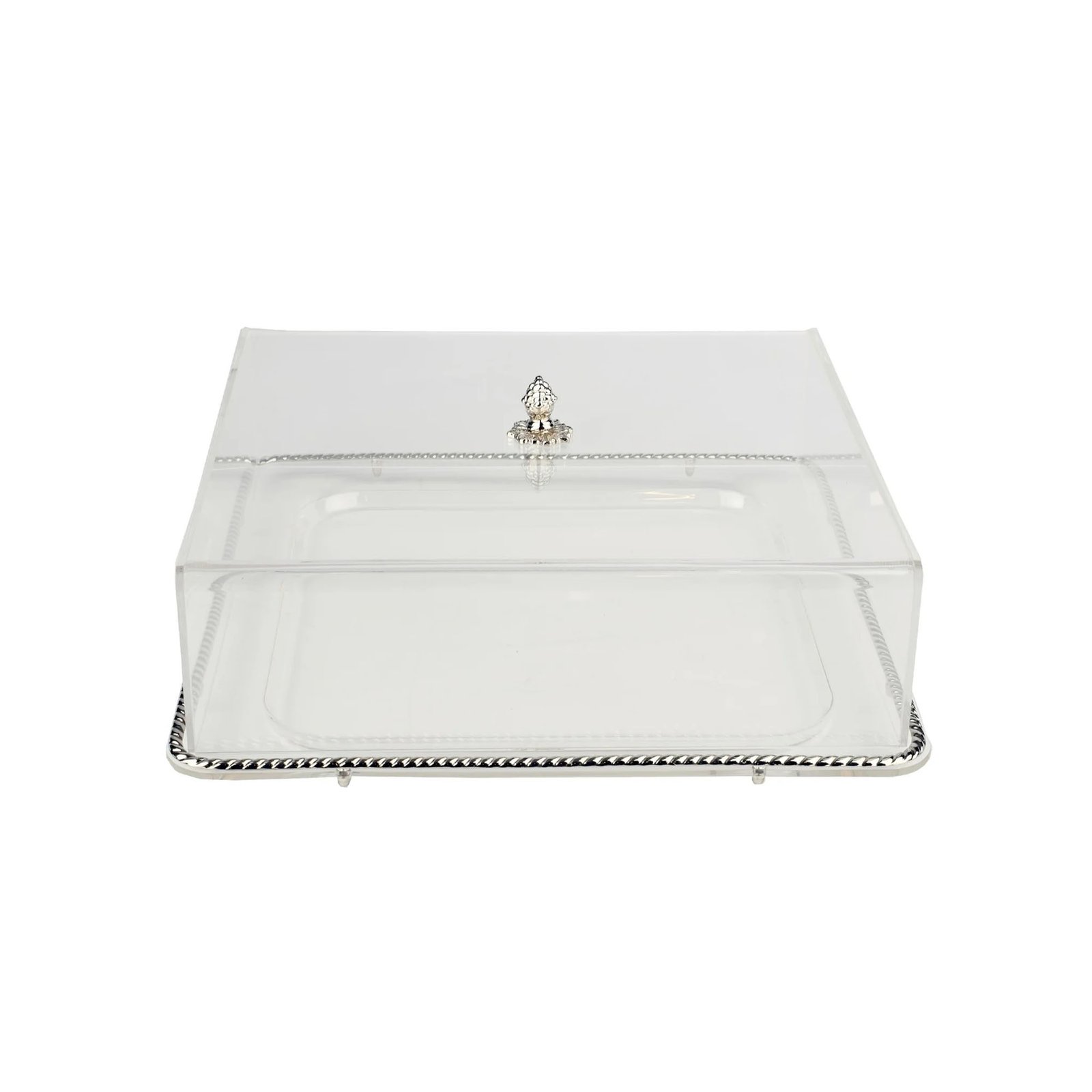 SQ ACRYLIC TRAY MEDUIM SIZE WITH COVER SILVER EDGES